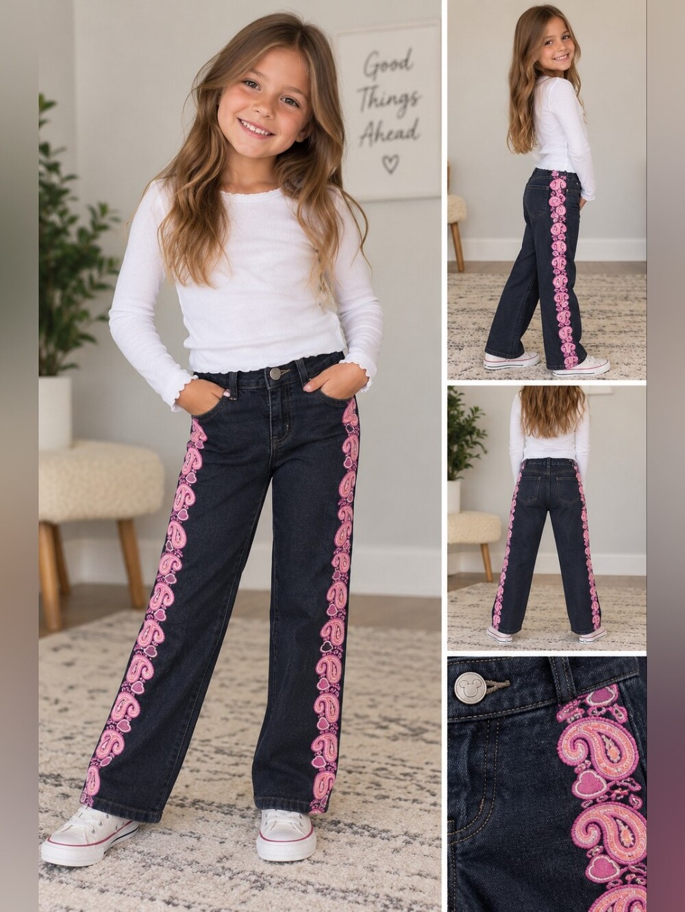 Disney paisley pattern trimmed dark wash jeans 6